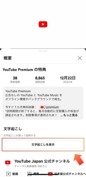 概要欄下の文字起こしという項目にある「文字起こしを表示」というところをタップ。