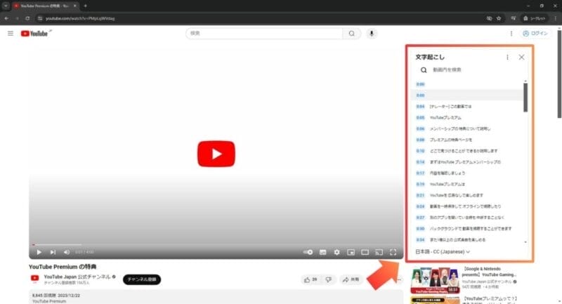 動画横に文字起こしの枠が表示される。